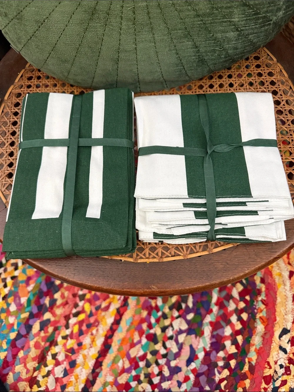 NWT Harrods Knightsbridge London Classic Green Stripe Napkins & Placemats Set
